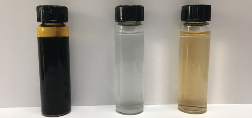 Figure 1: Concentrations of molecular iodine: PVP-I, left, contains 1 to 2 ppm of I2; the middle vial of molecular iodine rinse contains 50 ppm of I2; and the right vial contains 100 ppm of I2.
