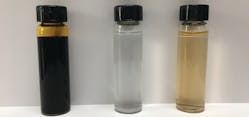 Figure 1: Concentrations of molecular iodine: PVP-I, left, contains 1 to 2 ppm of I2; the middle vial of molecular iodine rinse contains 50 ppm of I2; and the right vial contains 100 ppm of I2.