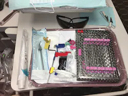 Tray setups include dark patient safety glasses, an intraoral camera, a sterile cassette of instruments, a prophy jet tip, a disposable prophy angle and several prophy paste flavors, and fluoride varnish. We use the Rinn system for all radiographs, and offer aprons with thyroid shields for patients’ peace of mind.