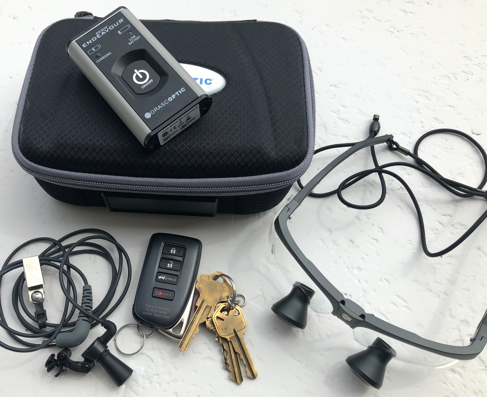 Figure 1: Hygienists can help extend the life of their loupes and lights by storing them in the carrying case at night. Keeping car keys next to the case will ensure that the equipment makes it to the next practice location.