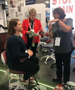 Figure 3: Cindy Purdy, RDH, CEAS, is giving Erin’s coworker a lesson on safe ergonomic seating options for dental assistants. Figure 3: Cindy Purdy, RDH, CEAS, is giving Erin’s coworker a lesson on safe ergonomic seating options for dental assistants.