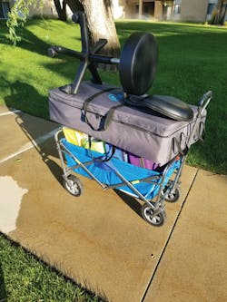 Figure 3: A fold-up wagon, a portable Cavitron unit, and a portable dental chair&mdash;three tools Staci Stout cannot live without