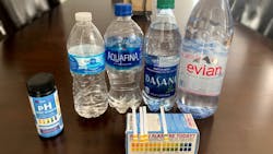 Four of the bottled waters the author tested with the pH results. Four of the bottled waters the author tested with the pH results.