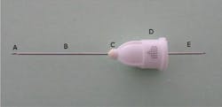 Figure 1: Dental anesthetic needle components: A, bevel; B, shaft; C, hub; D, syringe adapter; E, cartridge penetration end Figure 1: Dental anesthetic needle components: A, bevel; B, shaft; C, hub; D, syringe adapter; E, cartridge penetration end