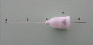Figure 1: Dental anesthetic needle components: A, bevel; B, shaft; C, hub; D, syringe adapter; E, cartridge penetration end