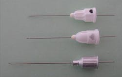 Figure 2: Bottom, 25 gauge long with metal hub complex; Middle, 25 gauge short with plastic hub complex; Top, 27 gauge short with plastic hub complex. Note: bevel indicators on plastic hubs Figure 2: Bottom, 25 gauge long with metal hub complex; Middle, 25 gauge short with plastic hub complex; Top, 27 gauge short with plastic hub complex. Note: bevel indicators on plastic hubs