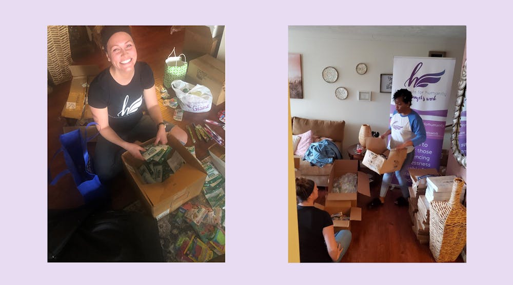 Alicia Murria, MSc, RDH, (right) and Tiffany Harrison, RDH, Hygienists For Humanity strategic partnership liaison, (left) make care packages for vulnerable communities.