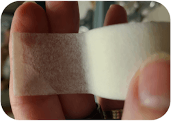 Figure 2: To practice mouth taping for sleep, fold the end of the tape over 2 to 3 mm (top). Then either tape from philtrum to chin (middle), or commisure to commisure (bottom). One-inch paper tape shown. Figure 2: To practice mouth taping for sleep, fold the end of the tape over 2 to 3 mm (top). Then either tape from philtrum to chin (middle), or commisure to commisure (bottom). One-inch paper tape shown.