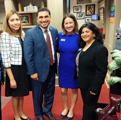 Maxine Cordova, Amber Lovatos, and Nisa Hashmani visit Amber&rsquo;s representative, Armando Walle (second from left), during the Texas Dental Hygienists&rsquo; Association&rsquo;s Legislative Day.
