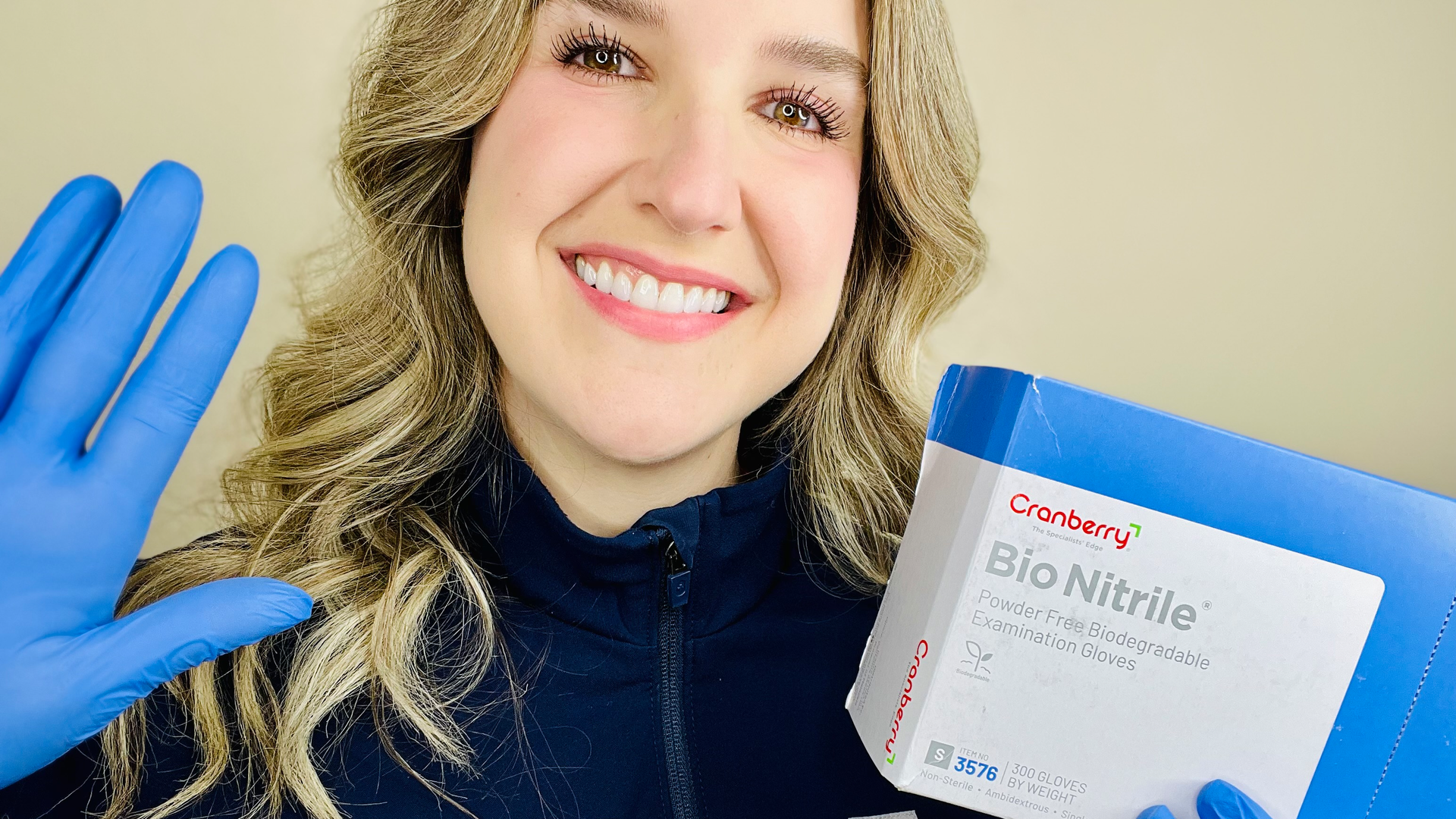 Bethany Montoya demonstrates Cranberry Bio Nitrile gloves