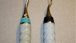 Figures 3A and 3B: Melted resin handle—this 5/6 curette with resin handle was retipped and returned with a melted, recontoured resin handle. Notice also the gap between the instrument cone and silicone grip. Figures 3A and 3B: Melted resin handle—this 5/6 curette with resin handle was retipped and returned with a melted, recontoured resin handle. Notice also the gap between the instrument cone and silicone grip.