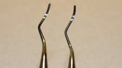Figures 7A and 7B: Cutting edge variance—the cutting edges on the curettes on the left side in both photos vary from the original design of the instrument on the right side in both photos. Figures 7A and 7B: Cutting edge variance—the cutting edges on the curettes on the left side in both photos vary from the original design of the instrument on the right side in both photos.