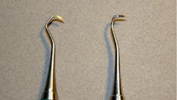 Figure 6: Angulation of blade—the right side shows a new 339 scaler and the left a retyped 339 scaler. Figure 6: Angulation of blade—the right side shows a new 339 scaler and the left a retyped 339 scaler.