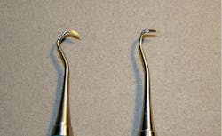 Figure 6: Angulation of blade. The right side shows a new 339 scaler, and the left shows a retipped 339 scaler. Figure 6: Angulation of blade. The right side shows a new 339 scaler, and the left shows a retipped 339 scaler.