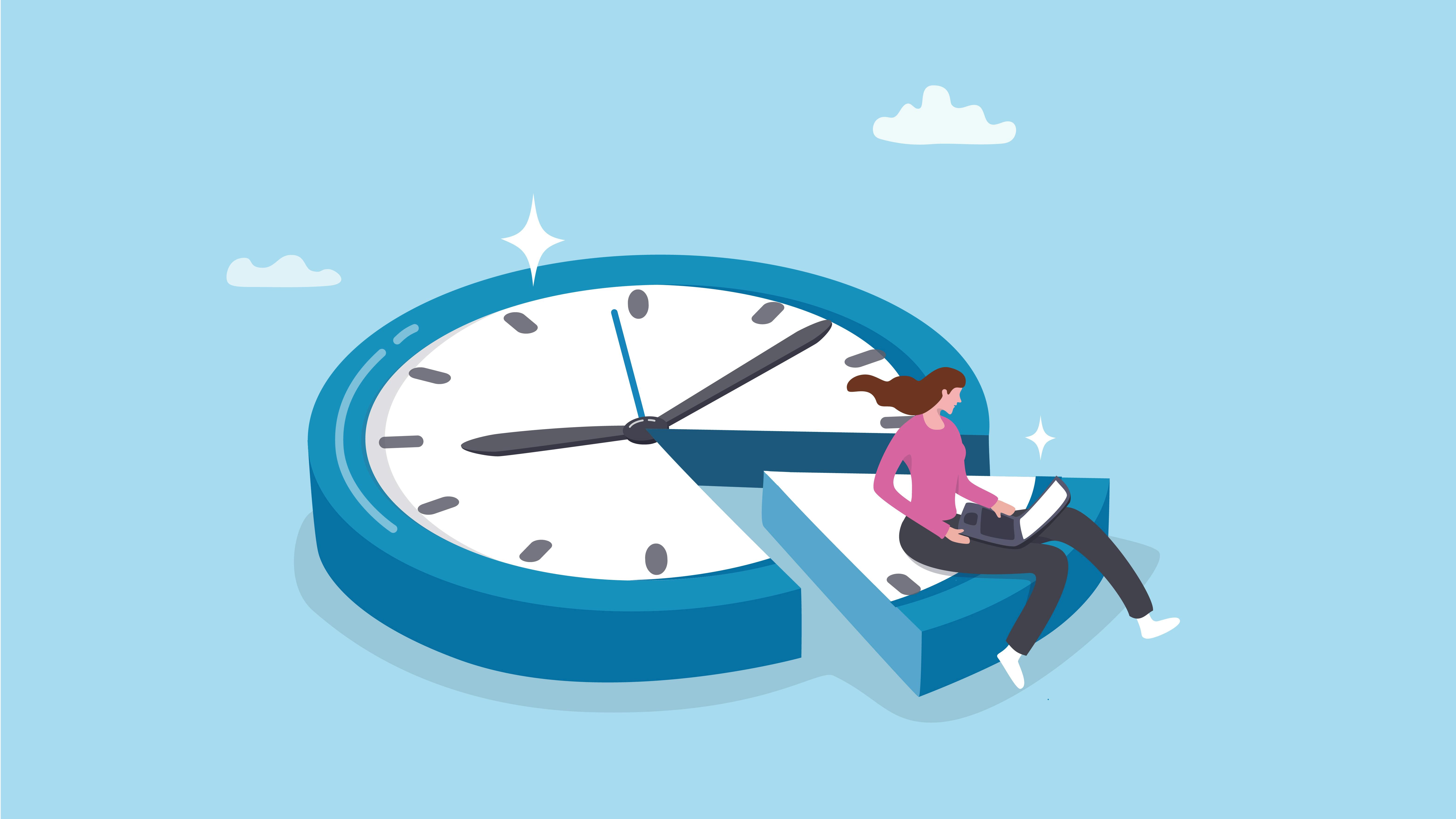 illustration of a clock with a slice taken out and a woman sitting on the slice