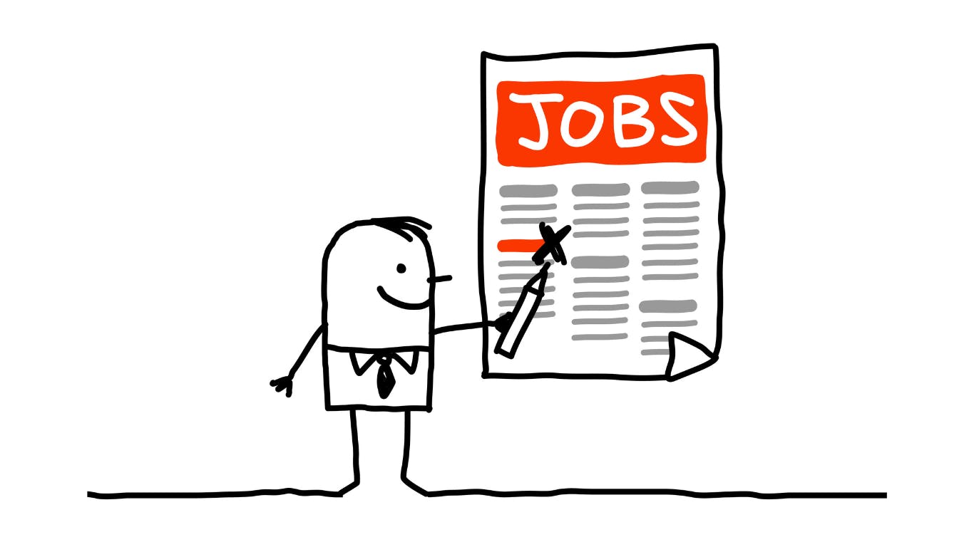 a little illustrated character pointing at a list of jobs