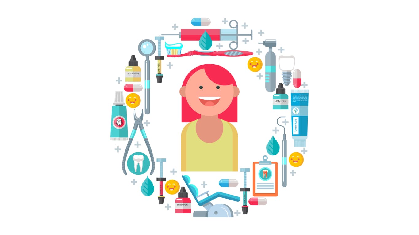 illustration of a smiling dental hygienist surrounded by various dental-related images