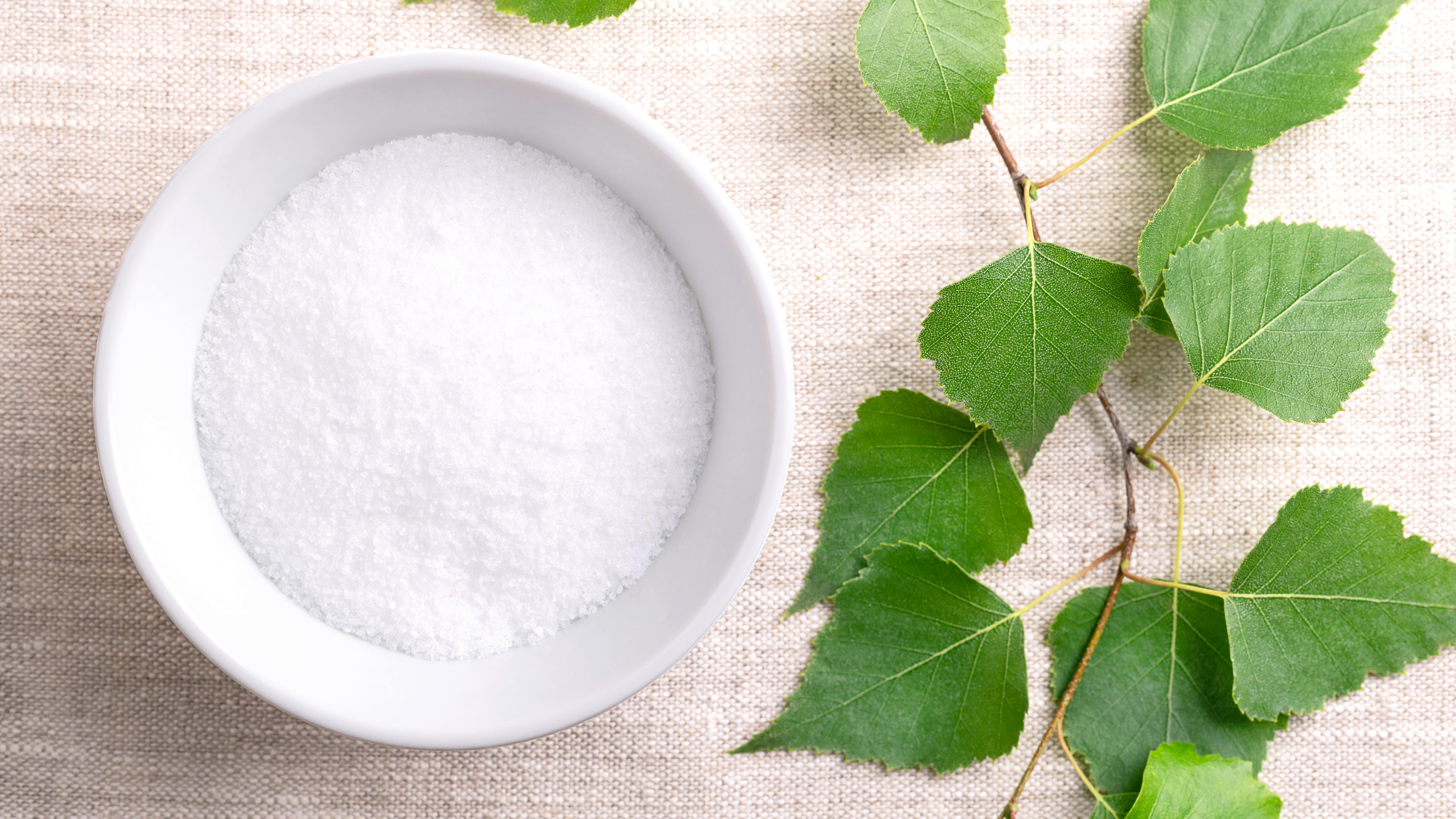 a bowl of xylitol with some leaves running along the side