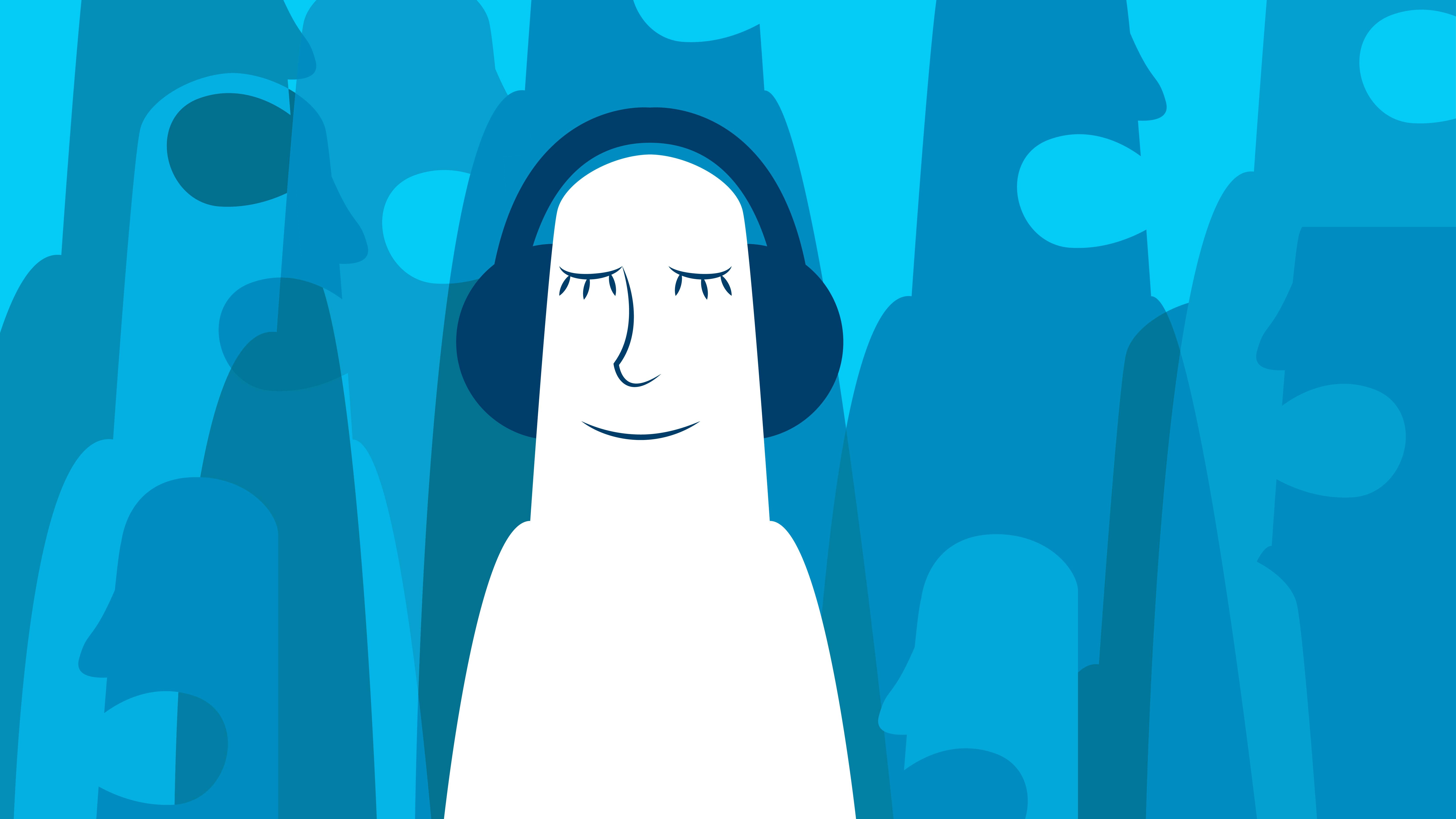 an illustration of a person wearing headphones to keep out the surrounding noise