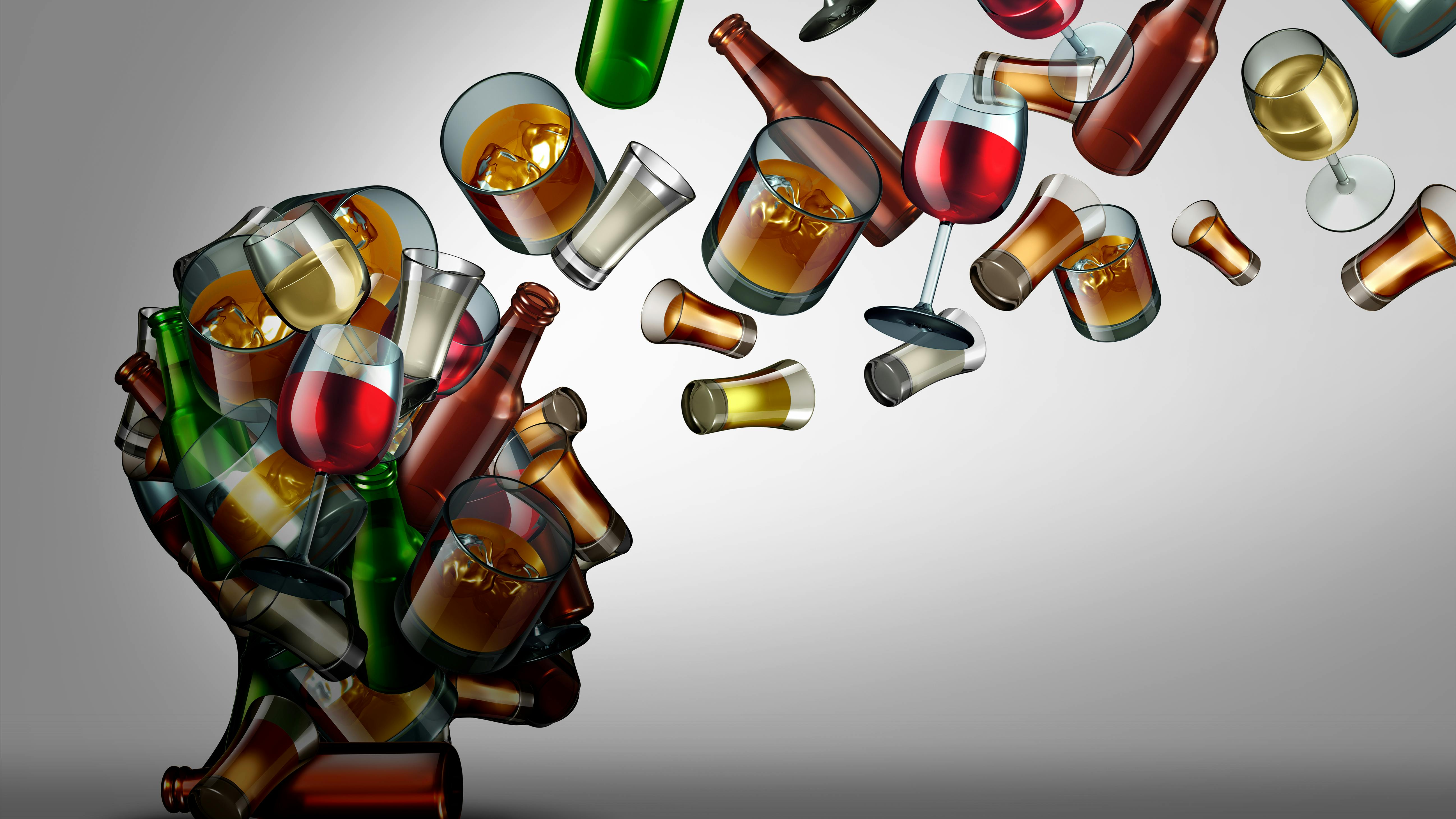 illustration of a head filled with alcohol bottles, wine glasses, and other concepts of alcohol