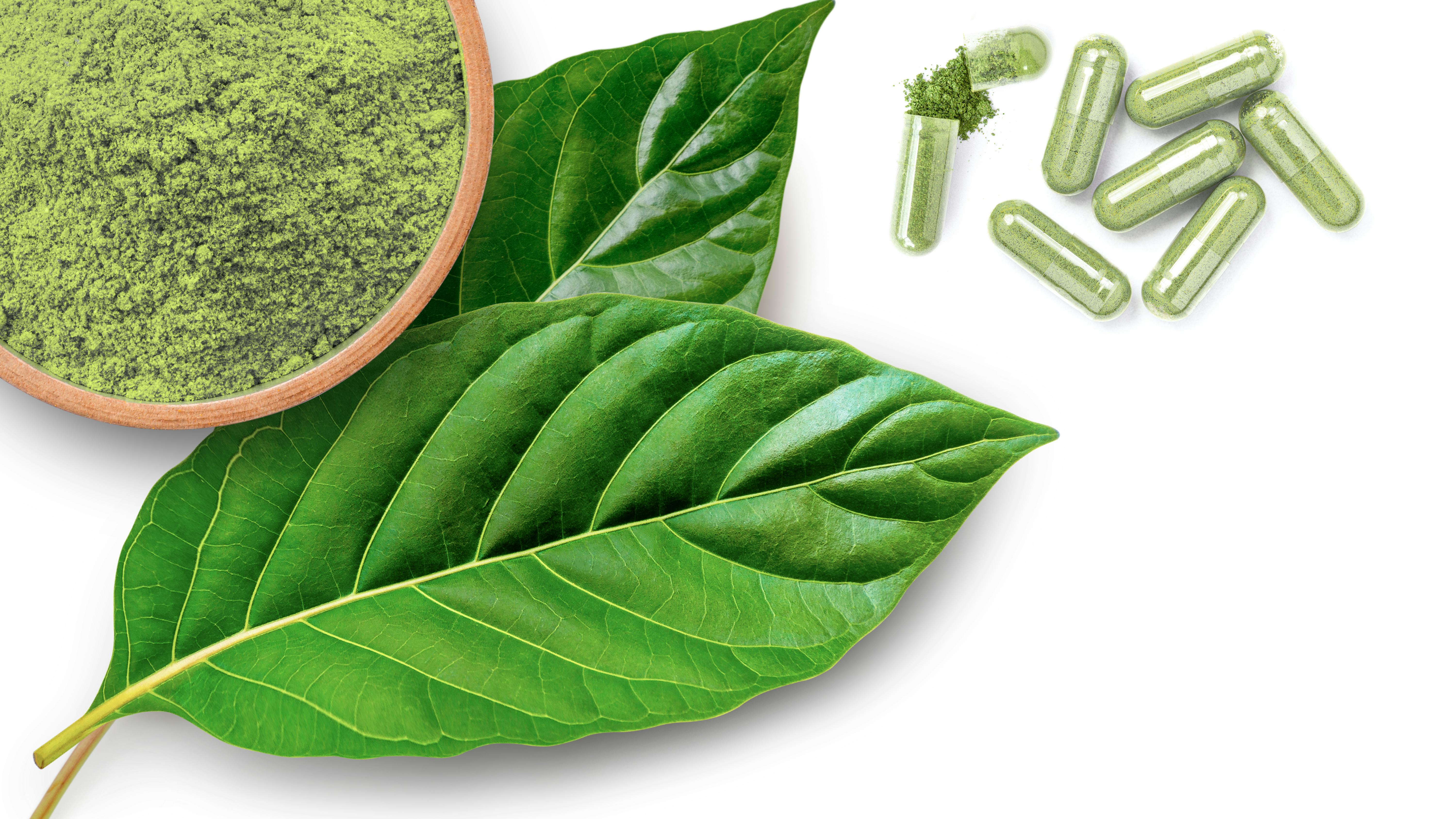 Kratom leaf, ground powder, and capsules