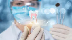 a dental hygienist holding some instruments and an image of a spinning tooth