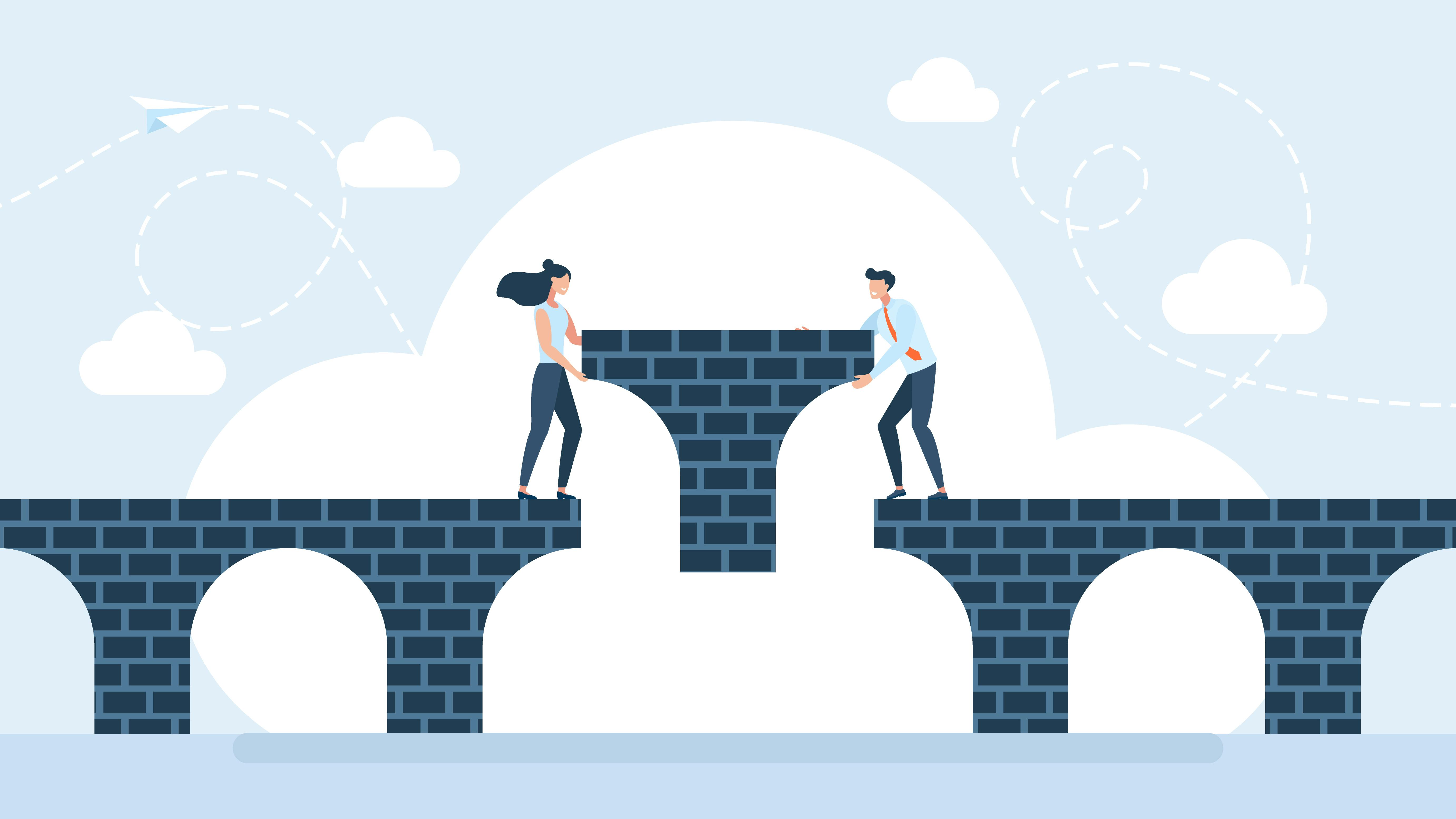 illustration of two people slotting in a section of a bridge