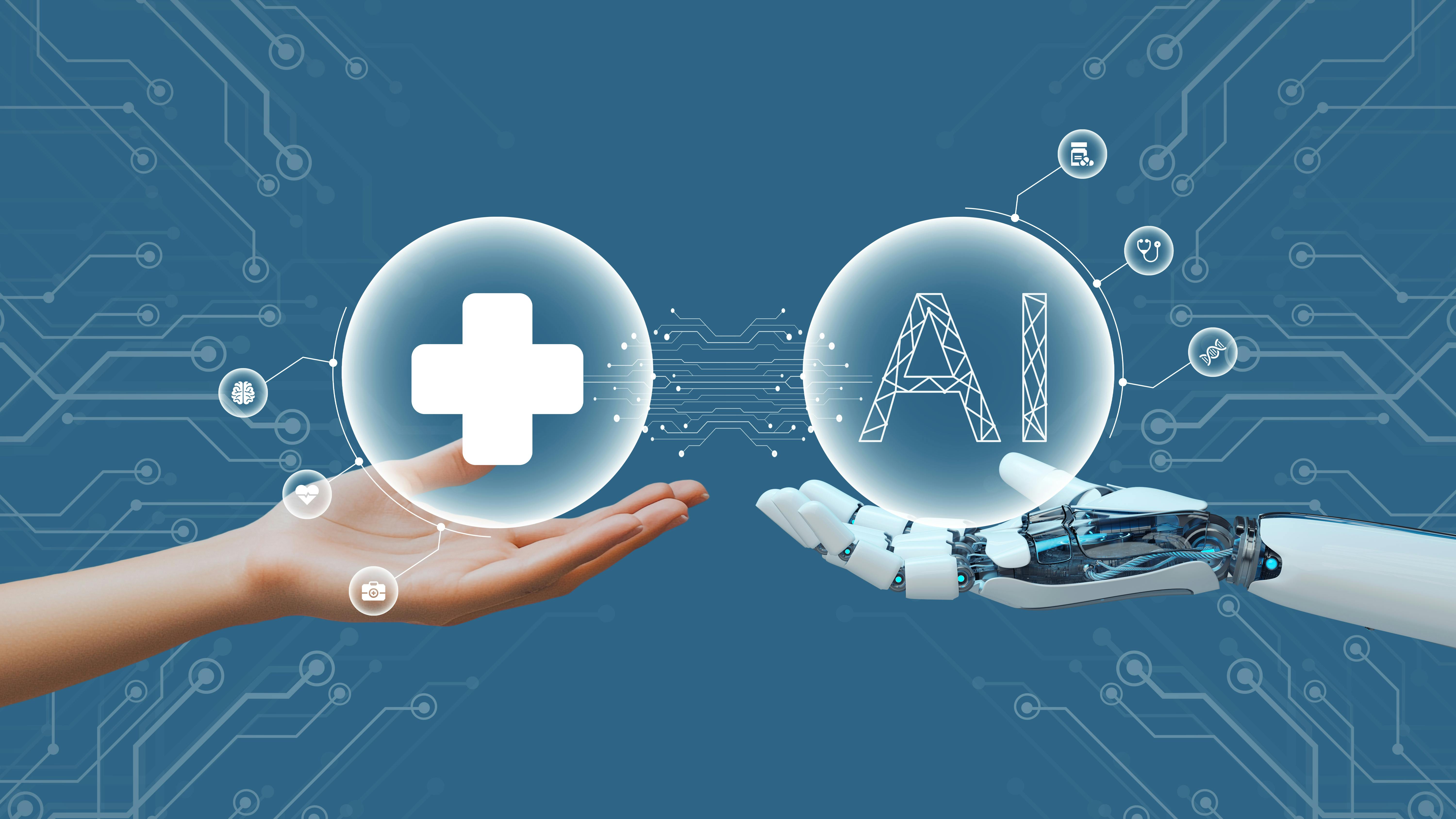 a human hand holding a big plus sign and a robotic hand holding a circle with AI in it