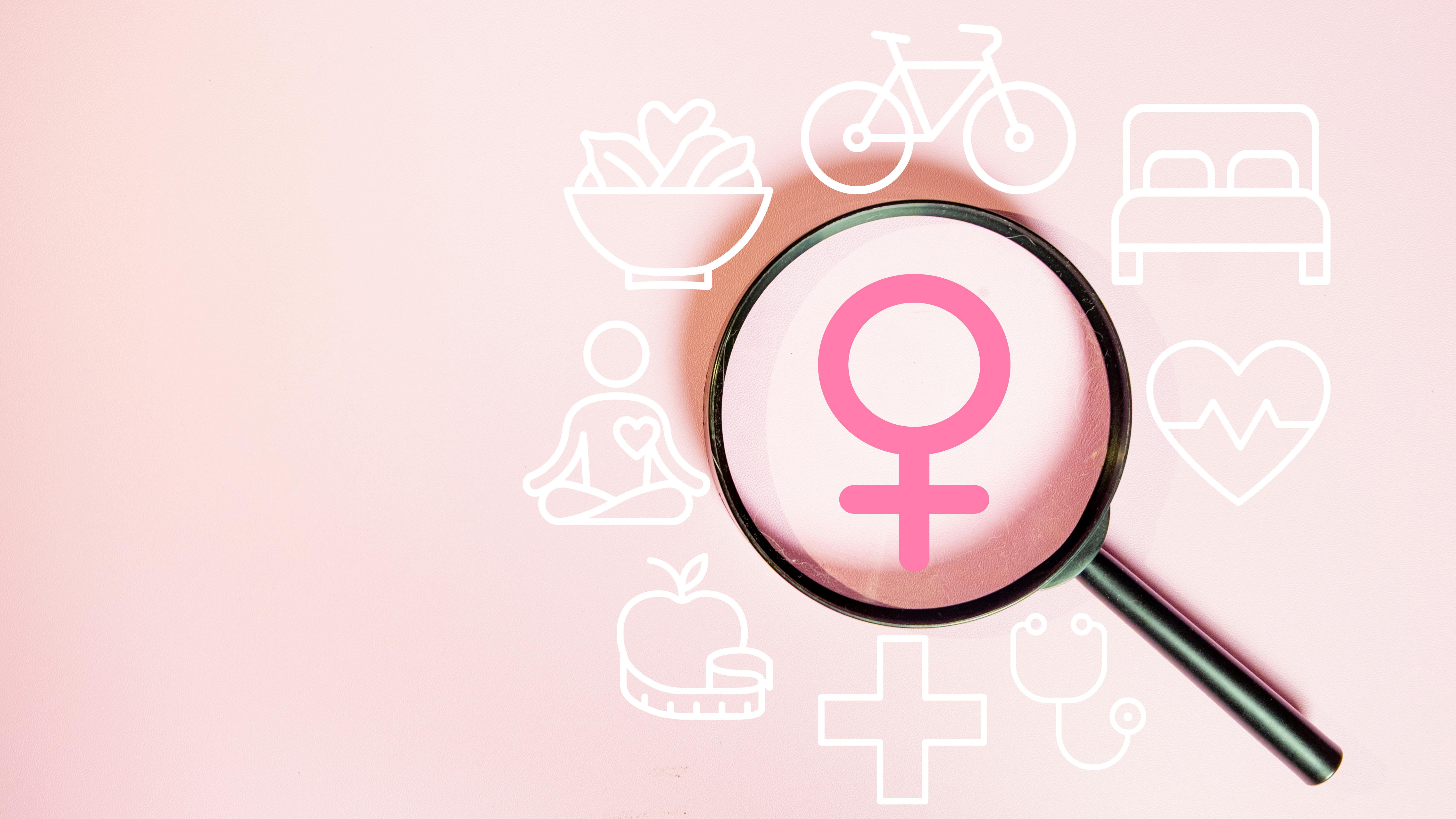 female symbol surrounded by illustrations of women's health&mdash;bicycle for activity, a bed for health sleep, a heart for heart health, etc.