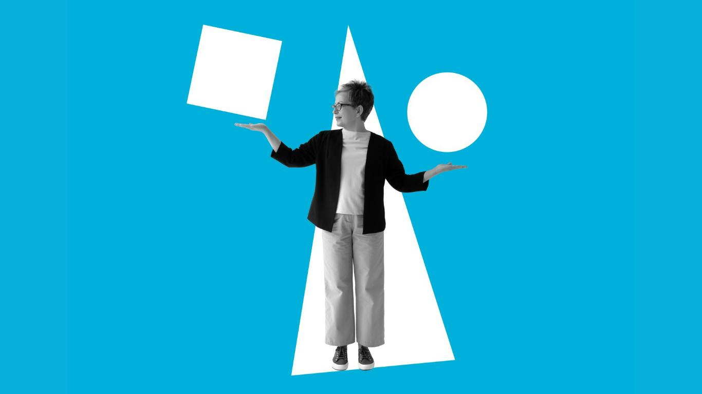 a woman standing in a triangle shape holding a circle in one hand and a square in the other
