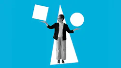 a woman standing in a triangle shape holding a circle in one hand and a square in the other