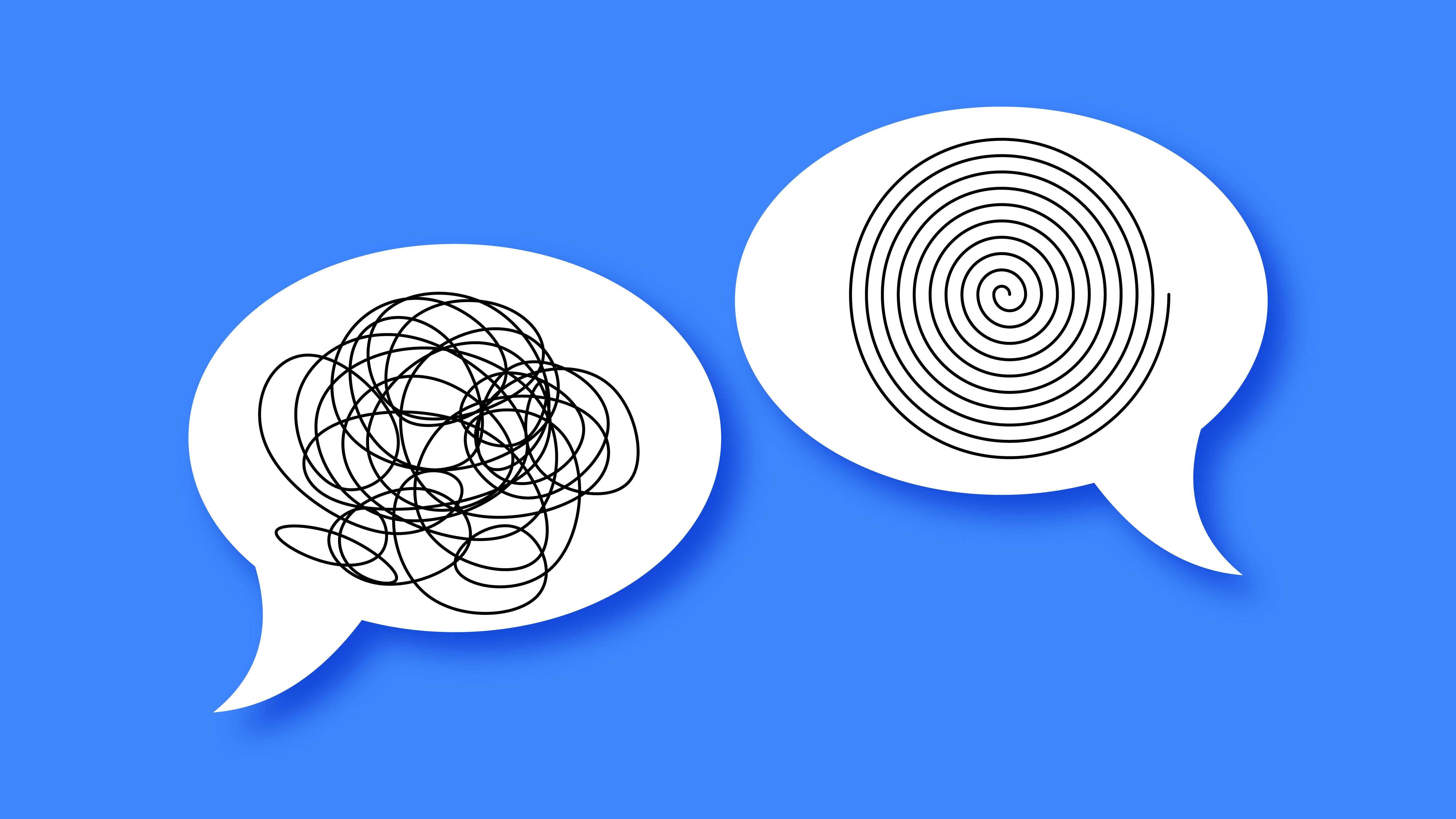 Minimalistic representation of communication contrast featuring two speech bubbles, creativity illustrated through abstract lines and shapes, visualizing confusion versus clarity, and power of expression.