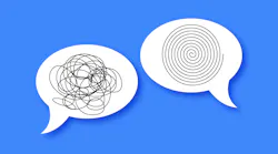 Minimalistic representation of communication contrast featuring two speech bubbles, creativity illustrated through abstract lines and shapes, visualizing confusion versus clarity, and power of expression.